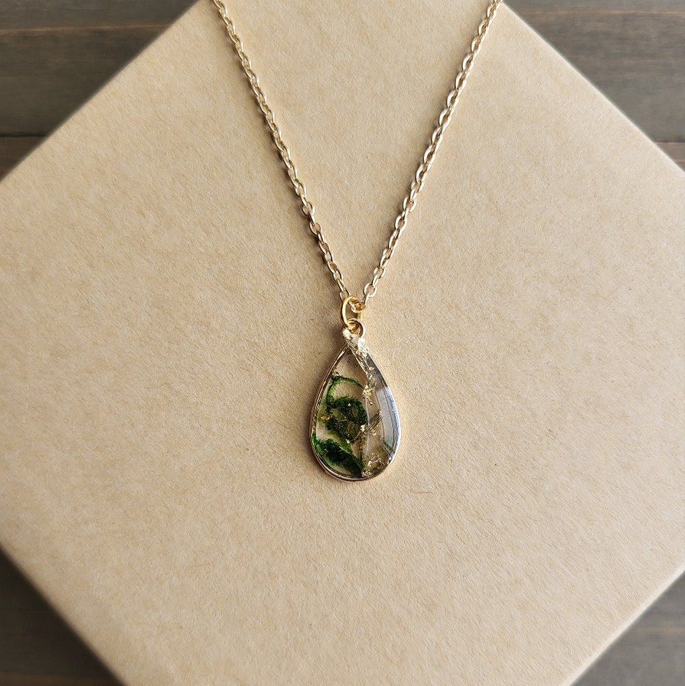 Petite Green Moss Resin Teardrop Necklace- Handmade Necklace- 18 Karat Gold Neck - Picture 2 of 7